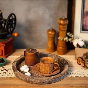 ถาดไม้เนื้อแข็งทรงกลมตกแต่งพร้อมที่วางเทียนสำหรับเสิร์ฟกาแฟและชาในบ้าน - Product Image 3