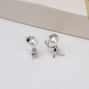 Pendientes Wenchi de Plata S925 con Patrón de Tablero de Ajedrez y Lazo, Perla Hueca de Alta Gama de 7-8 mm, Soporte para Oreja, Colección 5676, Modelo 16138 - Product Image 2