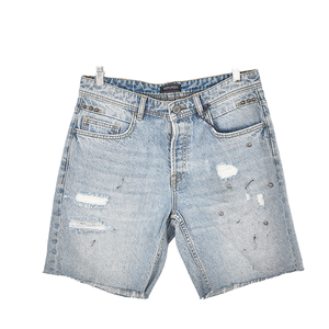 Shorts en jean déchirés pour hommes, taille mi-haute, avec braguette boutonnée, décontractés, en coton délavé, couleur unie, style tissé - Product Image 1