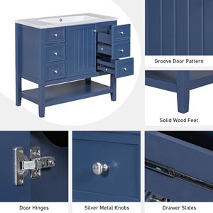 Tocador de baño DB 36 \ "sin fregadero Base de gabinete de madera maciza con un gabinete Tres cajones Estilo europeo Resistente al agua Azul - Product Image 4