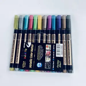 Venta caliente Marcadores permanentes metálicos de 12 colores Marcadores metálicos Marcadores de pintura para pintura de roca, papel negro, fabricación de tarjetas de regalo