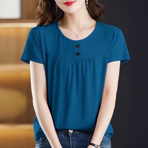 Women's Round Neck Short Sleeve <b>Top</b> Sea Blue Soft Acrylic Fiber T-Shirt Summer Style Plus Size - Product Image 1
