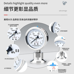 YTP60BF Manomètre à diaphragme sanitaire en acier inoxydable résistant aux chocs, qualité alimentaire, précision 50.5, collier de serrage 38 - Product Image 1