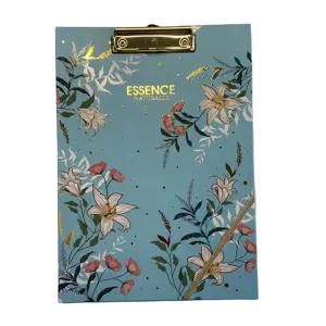 A4 Wholesale Custom Cold Gold Foiled Stamping Paper Padfolio Clipboard File Folder with Memo pad ESSENCE Blue Flowers