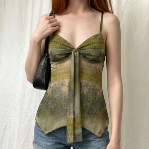 Wizard of Oz Forest Sweet Girl V Neck Twist Knot Tie Colorblock Sheer Mesh Asymmetrical <b>Sequins</b> Vacation Cami <b>Top</b> - Product Image 5