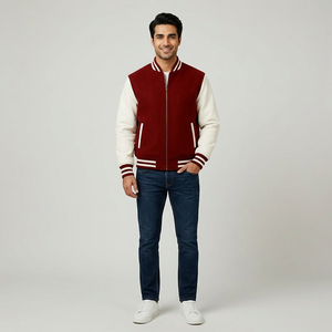 Custom Made Men's Genuine <b>Leather</b> Varsity Jacket with Stand Collar Breathable Fabric Embroidered Front Logo for Winter Season - Product Image 1
