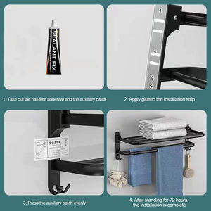 Étagère murale pour <span class=keywords><strong>serviettes</strong></span> avec 2 barres porte-<span class=keywords><strong>serviettes</strong></span> et 9 crochets, porte-<span class=keywords><strong>serviettes</strong></span> antirouille |   Rangement de salle de bain moderne - Product Image 3