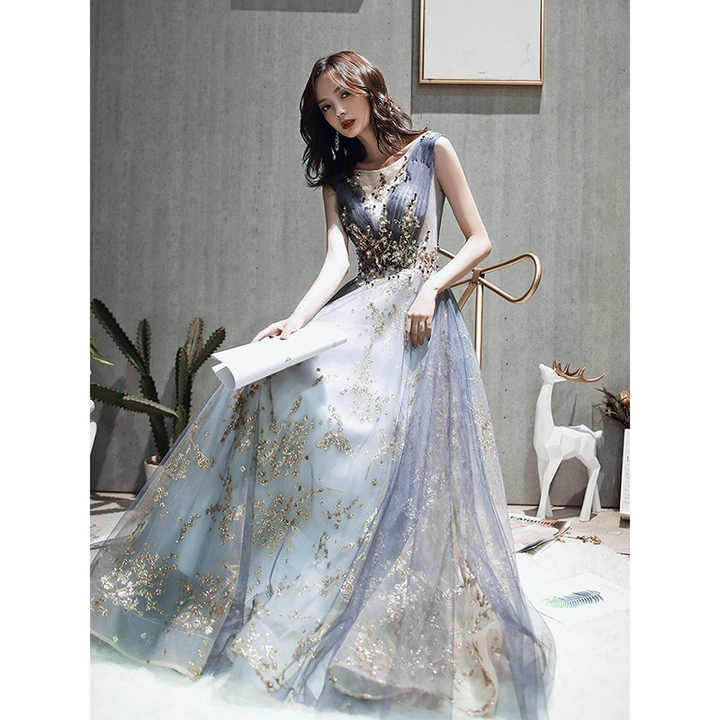 Designer Long Gold A-line Lace Sequined Long Sleeves Evening Dresses With Glitter
