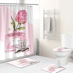 Bộ Rèm Phòng Tắm Nước Hoa Sang Trọng 3D Chai Màu Hồng Tùy Chỉnh Với Hoa In Bán Buôn Rèm Phòng Tắm Chống Nước Cho Người Yêu