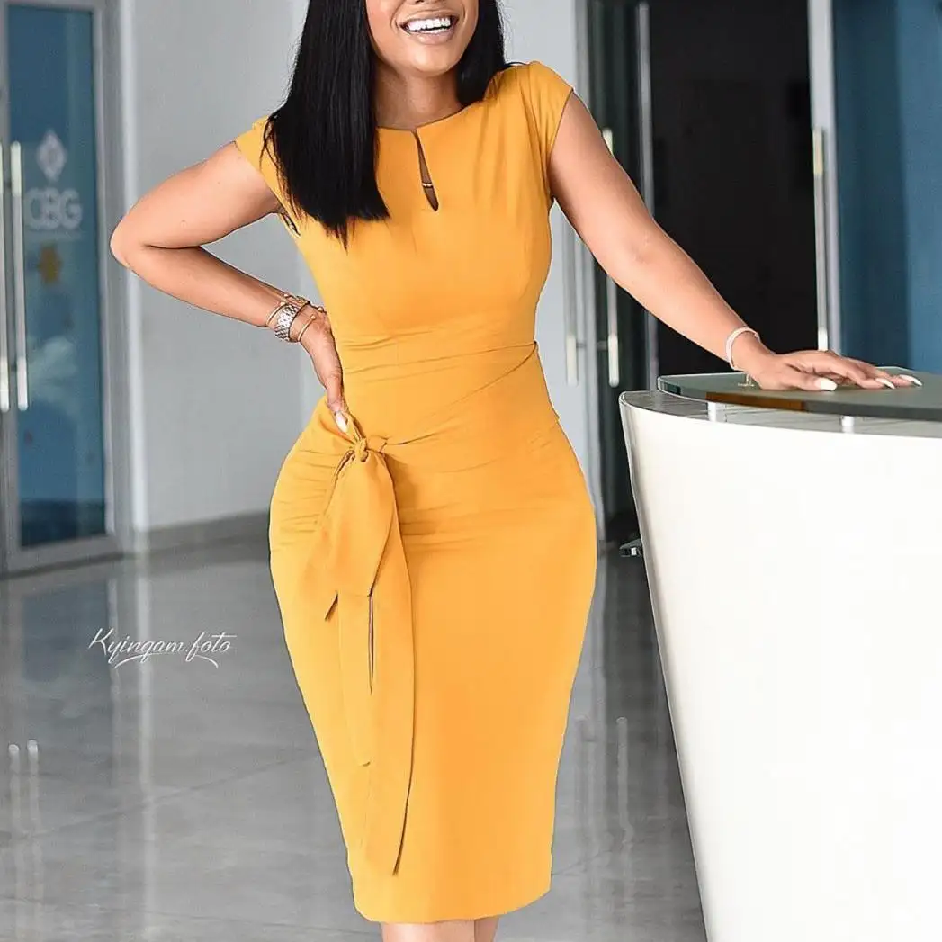 Benutzer definierte Sommer Damen Büro kleidung Plus Size Bodycon Elegantes Kleid Ärmelloses Midi Solid Color African Yellow Kleid