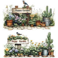 Autocollant mural amovible en aquarelle pour jardin, fleurs en pot, cactus, autocollant mural en vinyle résistant aux UV, imperméable, décoration intérieure