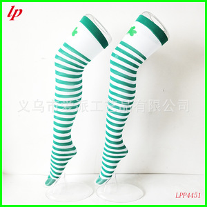 Irish Day White Green Striped Knee <b>Socks</b> With Clover Design For St Patrick's Day Party Women's <b>Breathable</b> <b>Sock</b> LPP4451 - Product Image 3