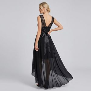 काली राइनस्टोन शाम का गाउन | गोल गर्दन आस्तीन रहित फर्श-लंबाई वाली पोशाक, क्रिस्टल अलंकरण के साथ - Product Image 3