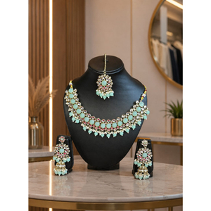 Conjunto de collar choker de lujo Mint Gan Kundan, valioso como joyería nupcial tradicional Statermont y Masing Fikka. - Product Image 1