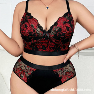 Red and black color-blocked floral <b>lace</b> plus-size lingerie set, featuring a supportive, <b>elastic</b>, breathable, high-waisted - Product Image 1