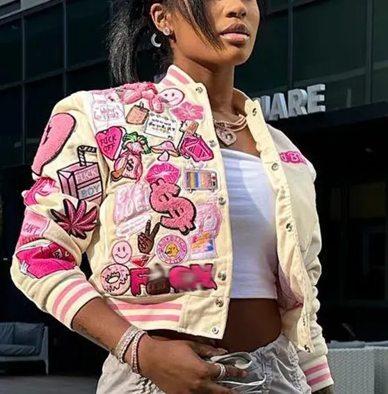 Frühling Damen bekleidung Print Streetwear Mantel Vintage Baseball Letterman Varsity Jacke Mantel Bomber jacke für Frauen