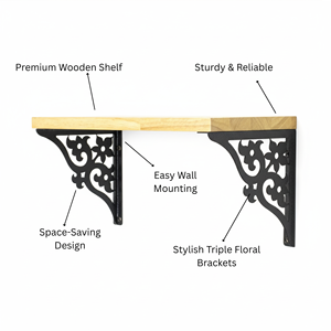 Étagère murale triple en bois noir, grande, élégante, à motifs floraux, pour salon, chambre, salle de bain et bureau. - Product Image 6