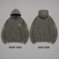 Sweat-shirt vintage pour homme OEM, couleur olive, avec badge doré imprimé, délavé à l'enzyme, effet usé et déchiré
