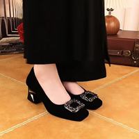 Nouvelle Arrivée – Escarpins Élégants en Daim pour Femme, à Talon Épais, Boucle Métallique Brillante, Bout Carré, Souples, Idéals pour le Bureau et les Mariages