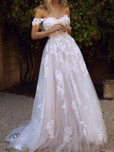 Nuovo Abito Cerimoniale <span class=keywords><strong>da</strong></span> Sposa <span class=keywords><strong>da</strong></span> Donna con Top a Tubino, Spalle Scoperte Effetto Illusione, Gonna Lunga in Garza Fluttuante Stile Principessa - Product Image 3