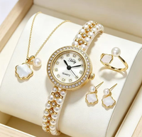 Montre à quartz pour femme avec bijoux en acier inoxydable, boucles d'oreilles, collier, coffret cadeau, couleur inaltérable, ensemble de bijoux en perles