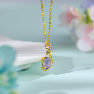 Wholesale Elegant Luxury Jewelry For Women 14K Yellow <b>Solid</b> <b>Gold</b> Lab Grown Diamonds <b>Pendants</b> Oval Cut Amethyst Charm <b>Pendants</b> - Product Image 6