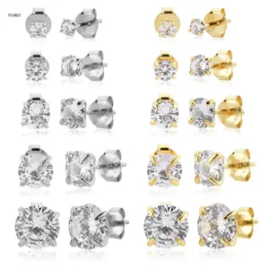 FUAMAY 18K Gold Plated 925 Sterling Silver Stud Earrings Simple 3MM-7MM Cubic Zirconia Solitaire Earrings