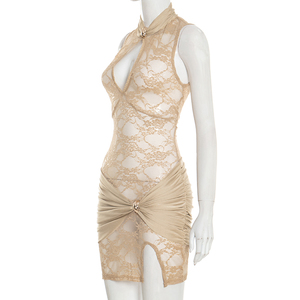 Viviblook D25DS575 Vestido Elegante para Mujer, Corte Entallado, Sexy, con Encaje, Diseño Calado, Sin Mangas, Abertura Lateral, Mini Vestido de Fiesta - Product Image 4