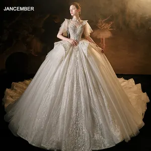 Vestido de noiva com luzes fluorescentes, vestido de baile com 100 fotos reais, vestido elegante de noiva com boné e mangas luxuosas para princesa Lsmx030