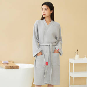 Elegant Summer <strong>White</strong> Knee-Length <strong>Dressing</strong> <strong>Gown</strong> 100% Cotton <strong>Waffle</strong> Weave Bathrobe Good Water Absorption Home Shower Robe-Tan One - Product Image 2