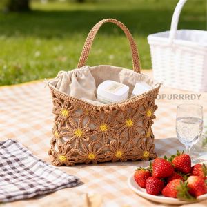 Sac fourre-tout tissé avec logo personnalisé, pochette intérieure à cordon, sac de shopping en coton biologique décoré de fleurs, sac bandoulière décontracté - Product Image 3