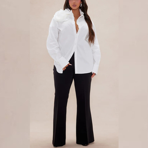 Blusa Elegante Blanca con Cuello y Apliques de Rosas 3D, Manga Larga, Corte Holgado, Camisa Casual de Oficina <span class=keywords><strong>para</strong></span> <span class=keywords><strong>Mujer</strong></span>, Personalizable - Product Image 5