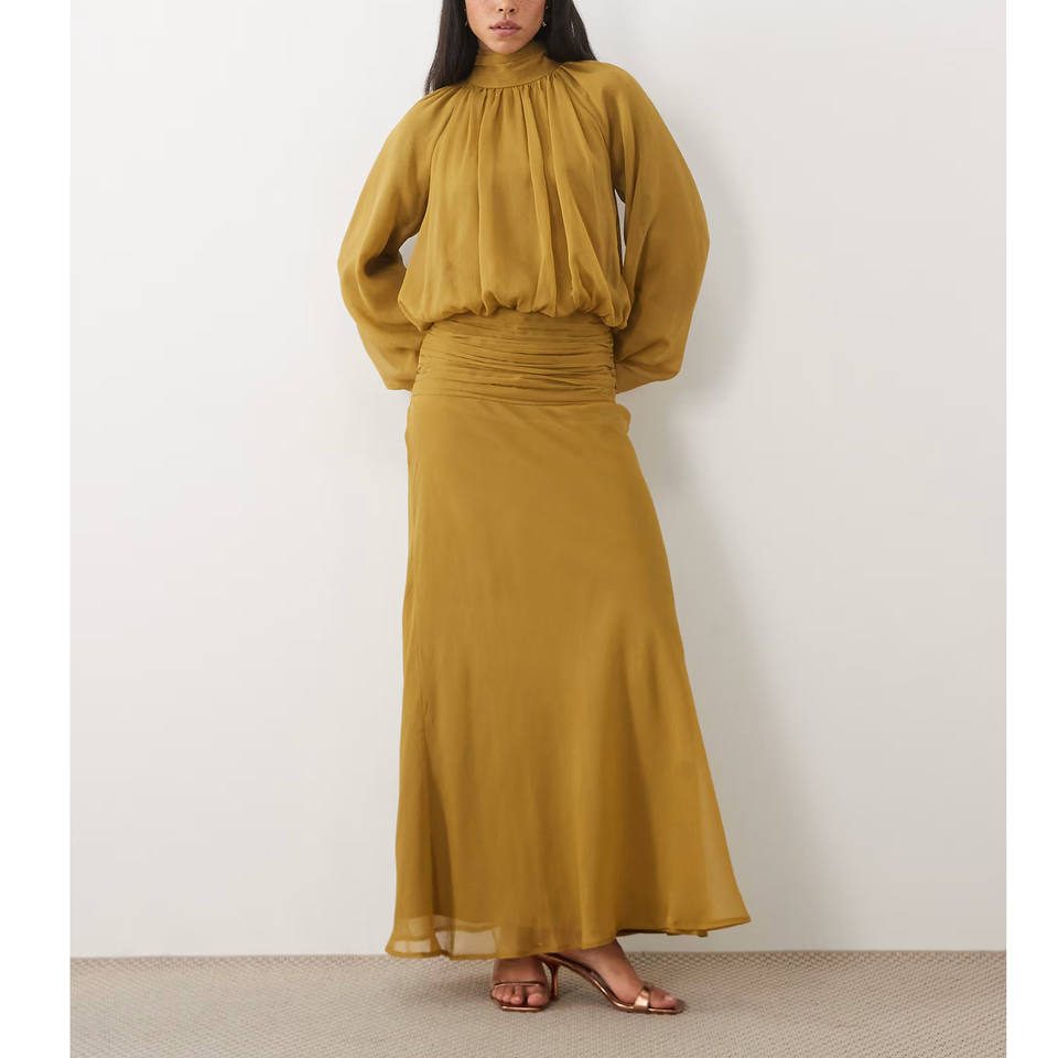 Women's Summer high neck drape chiffon maxi dress with neck tie Long ...