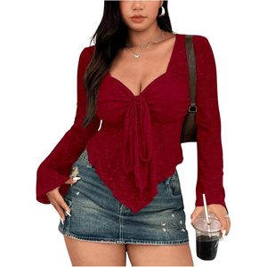 Haut court à manches longues pour femme, style Y2K, col noué, imprimé floral, moulant, tricoté, décontracté, pour tous les jours - Product Image 1