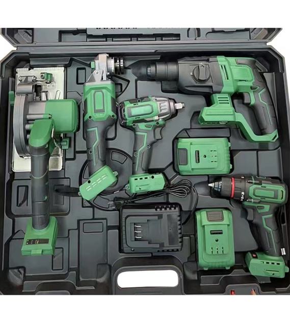 Green Cordless Tool Set 5 Machines 2 Batteries Variable Brushless Hammer Drill Impact Wrench Angle Grinder Industrial