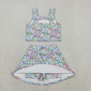 GSD1988 rts Conjunto deportivo sin mangas para niña, con estampado de flores y hojas, falda sin mangas, para yoga, conjunto atlético sin mangas para niña - Product Image 2