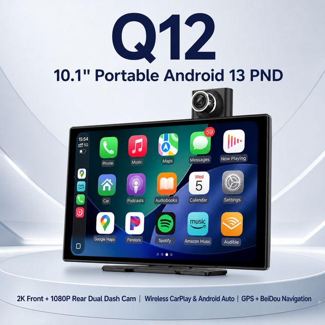 Portable Android 13 Car Stereo 10.1 Inch 2K Front and 1080P Rear Camera CarPlay Android Auto GPS Navigation