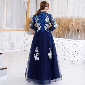 Chinese Style Plus Size Navy Blue Long Sleeve Embroidered Dress For Performance Banquet Women - Product Image 3