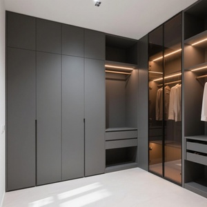Dressing moderne autoportant écologique avec grandes portes vitrées, finition gris foncé mat, poignées dissimulées, sur mesure pour hôtel - Product Image 2