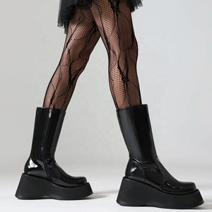 Botines de tacón alto de cuña para mujer, con plataforma y suela gruesa, de charol brillante, botines cortos cómodos con cremallera lateral - Product Image 5