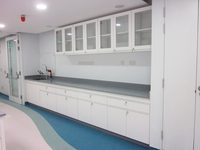 Table d'appoint de laboratoire moderne VitalLab tout acier avec revêtement époxy, plan de travail en acier inoxydable, évier et 4 tiroirs robustes