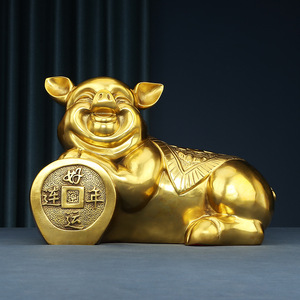 Copper World Brass Lucky Pig Figurine Handmade Yellow Big Sleeping For Home Office Decoration Chinese New Year Gift - Product Image 3