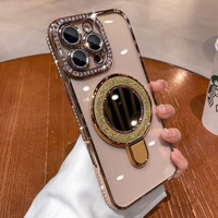 Housse de protection haut de gamme avec support de miroir en diamant scintillant magnétique pour iPhone 16 Pro Max 15 Pro Max
