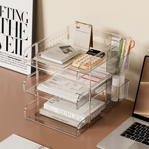 Clear Acrylic Desktop Organizer 4 Layers A4 <b>File</b> Storage <b>Box</b> Office Stationery Holder Workstation Document Tray - Product Image 1