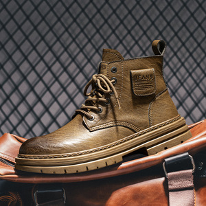 Bottes Martin pour hommes, hauteur cheville, bout rond, cuir pleine fleur, style combat, semelle extérieure en caoutchouc résistante à l'abrasion - Product Image 1