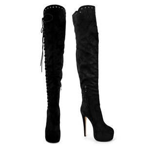 Stivali Alti al Ginocchio da Donna in Finta Pelle Scamosciata <span class=keywords><strong>Bordeaux</strong></span> con Lacci e Tacco a Spillo con Plateau - Product Image 6