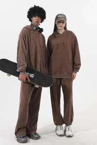 350 GSM erkekler ağır pamuk Terry Vintage Joggers sıkıntılı asit yıkanmış Sweatpants geniş bacak soluk düz ter pantolon - Product Image 3