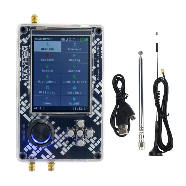 HackRF One R9 V2.0.0 SDR Radio Receiver PortaPack H2M 3.2'' LCD Shell Assembled with 2 Antennas and USB Cable