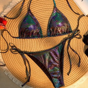 Maillot de bain bikini triangle de couleur unie avec encolure halter à nouer, ensemble 2 pièces pour femmes, pour la natation et les sports nautiques - Product Image 4