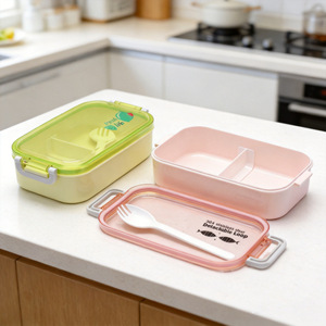Rectangular Divided Plastic <b>Lunch</b> <b>Box</b> With Lid And Spoon For Students And Office Use - Product Image 1